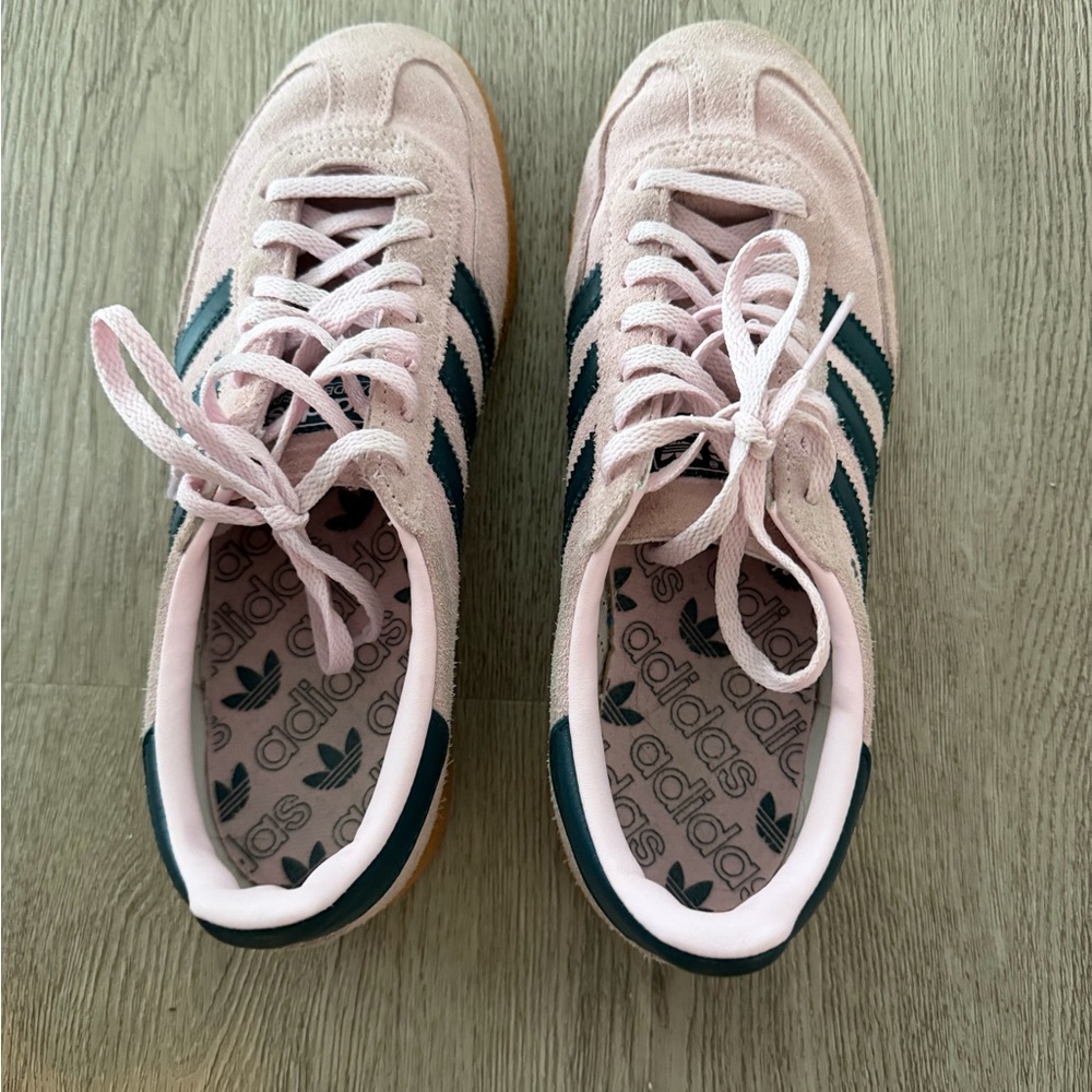 Adidas Spezial Pink Suede Sneakers with Dark Green Stripes and Gum Sole